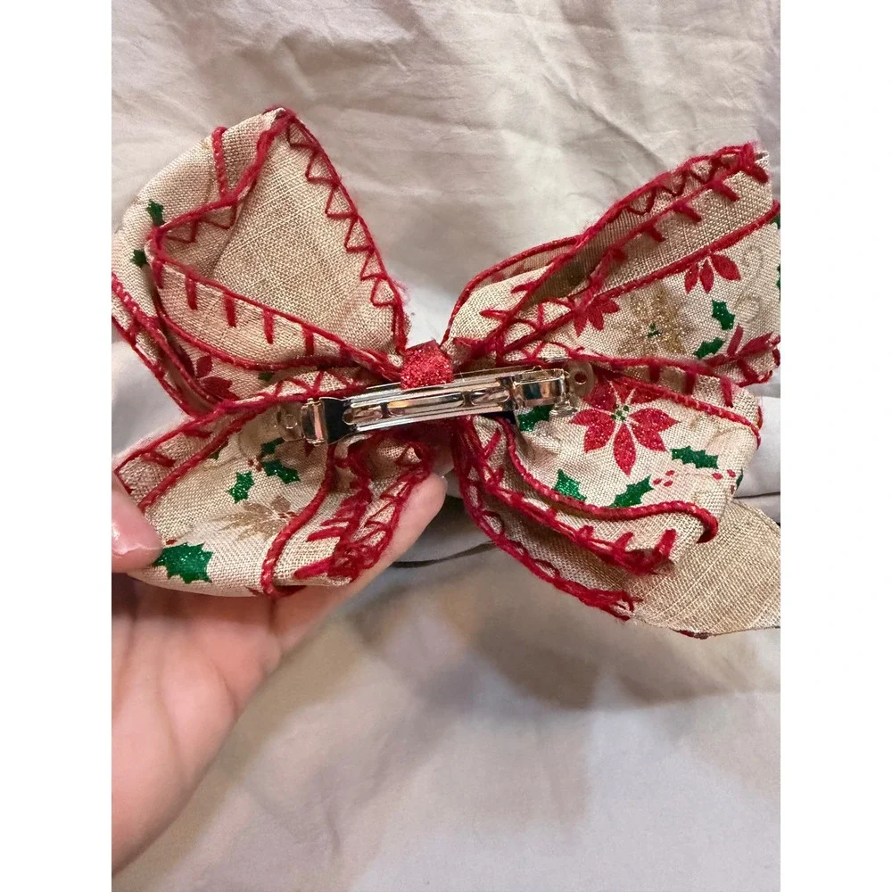 Christmas Poinsettia Burlap Hair Bow Red Green Gold Glitter French Barrette Clip